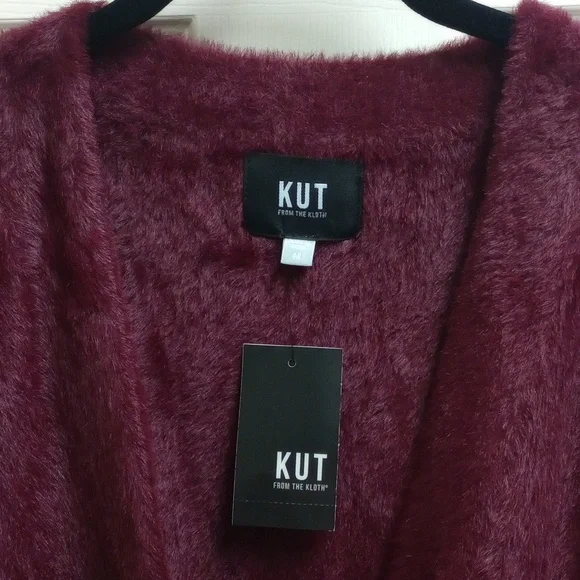 🆕 KUT "JANA" WINE BURGUNDY FUZZY OPEN FRONT CARDIGAN SWEATER WITH POCKETS - Picture 5 of 13